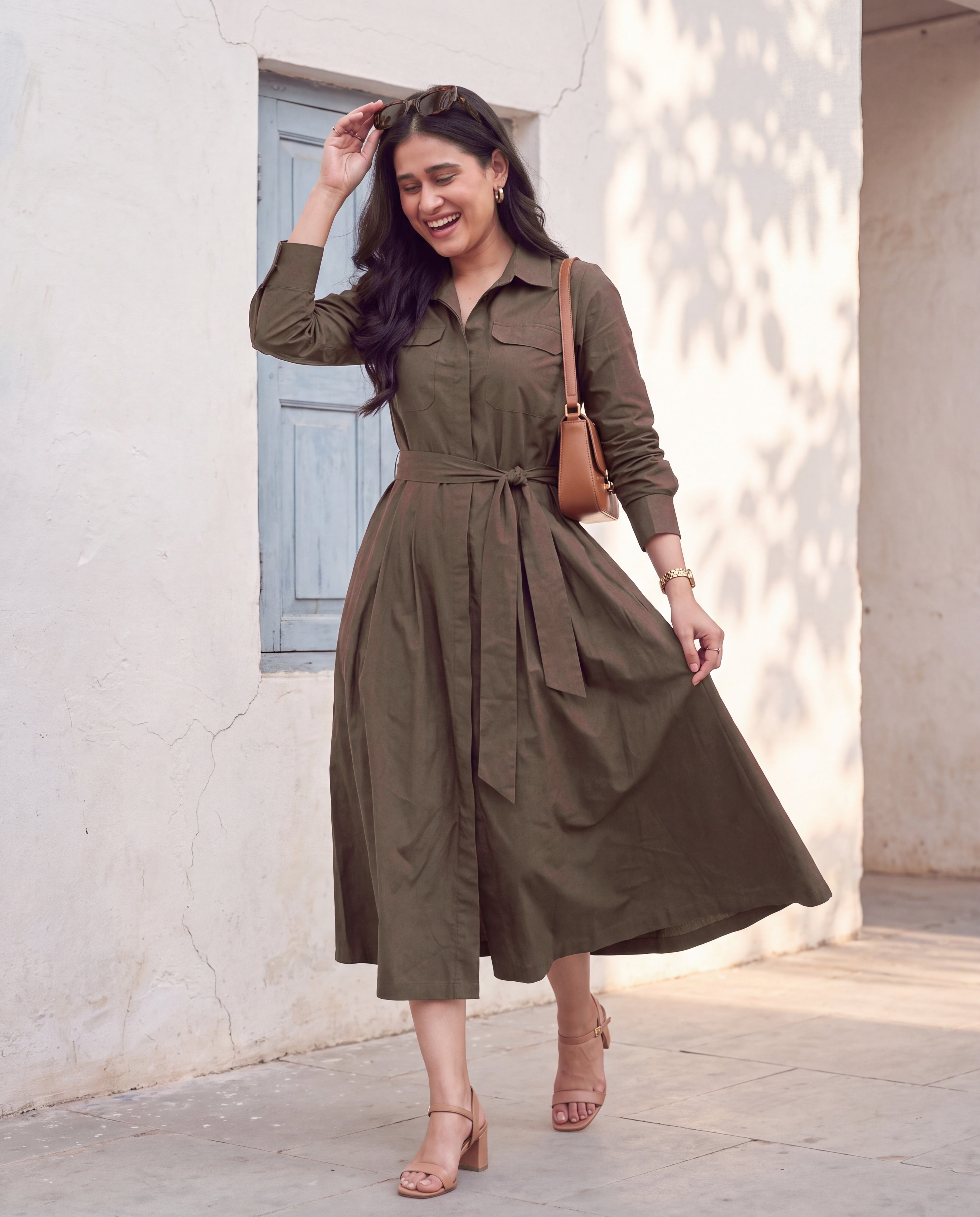 Earthy brown cotton linen belted shirt midi dress - front view