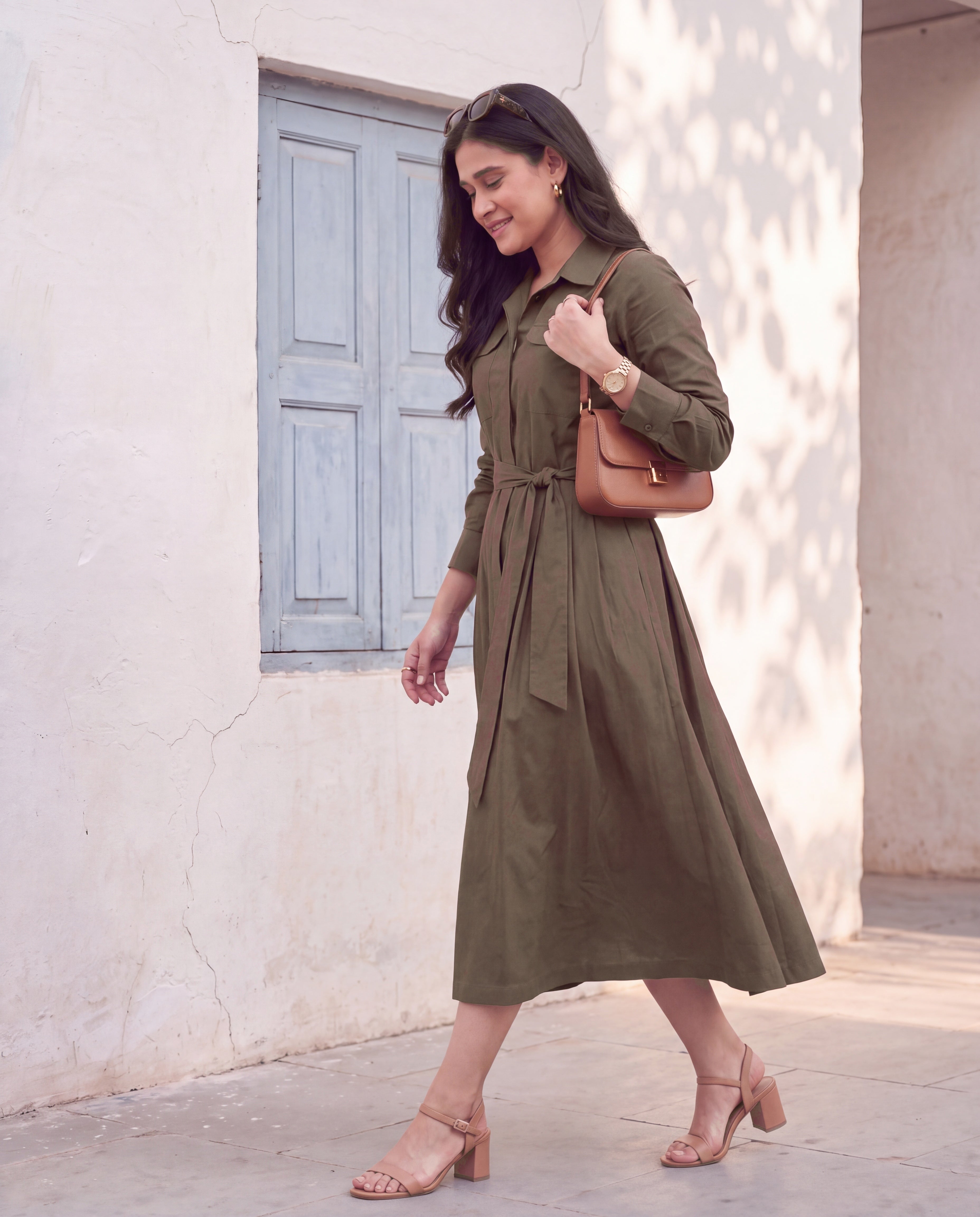 Earthy brown cotton linen shirt dress - side view