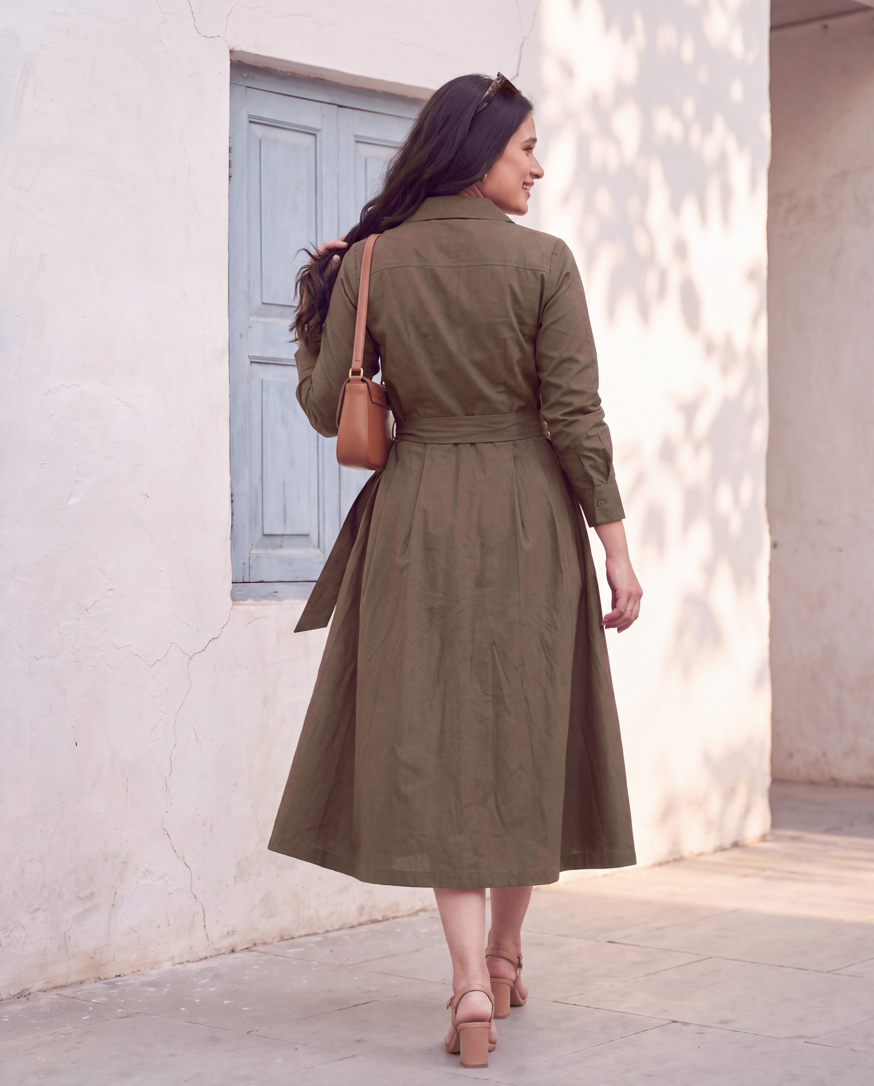 Earthy brown cotton linen shirt dress - back view