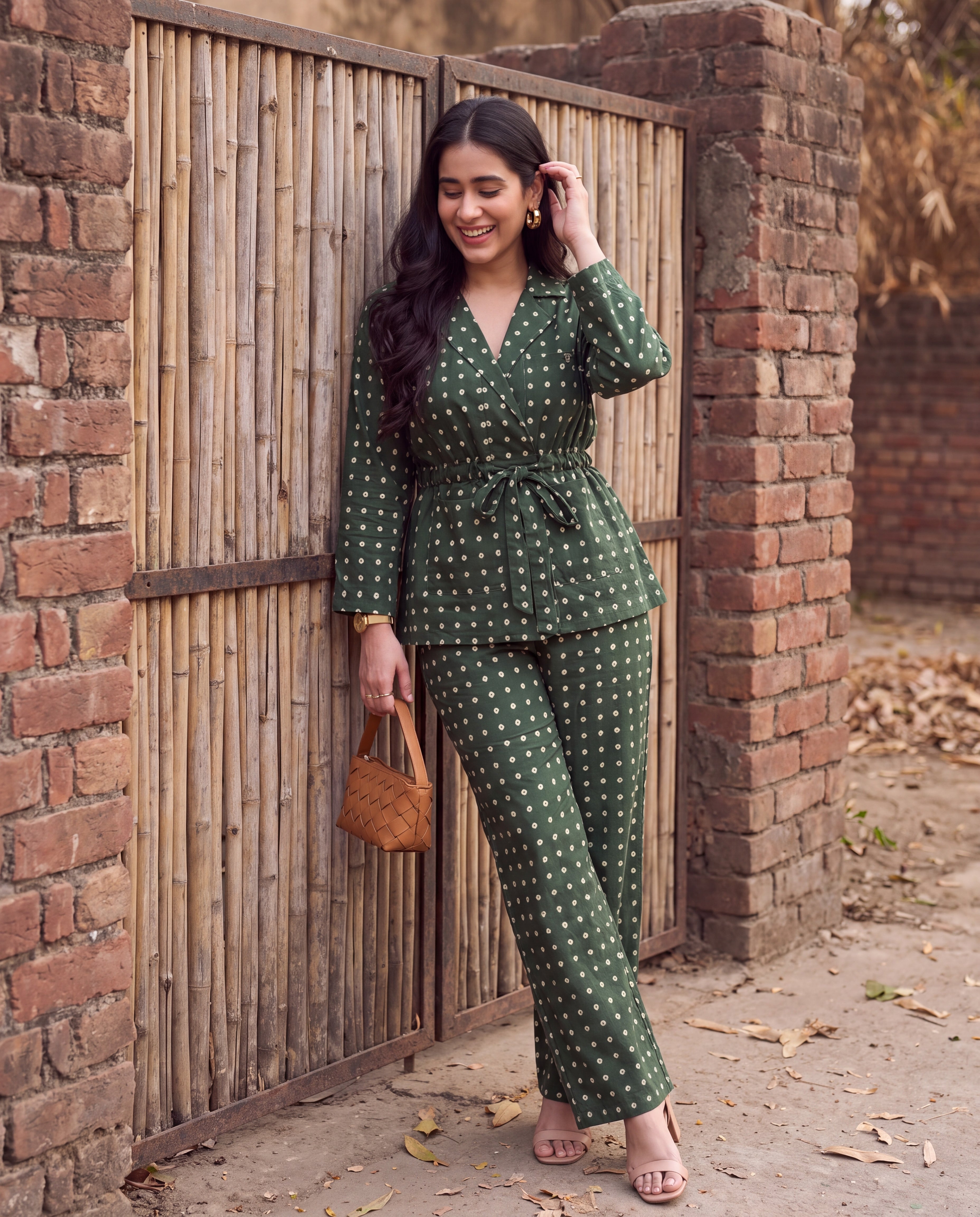 Bottle green polka dot wrap co-ord set - front view