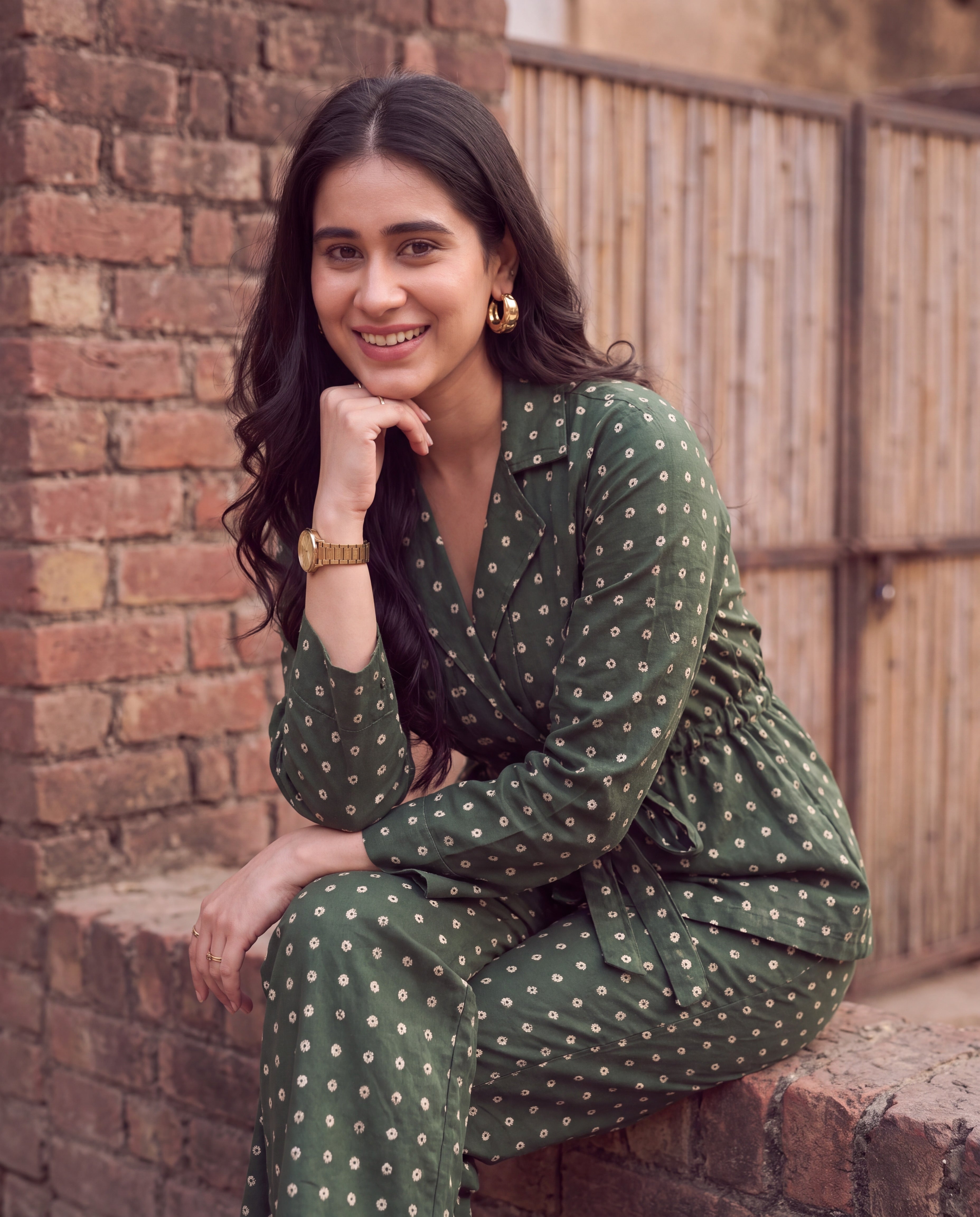 Bottle green polka dot wrap co-ord set - close-up