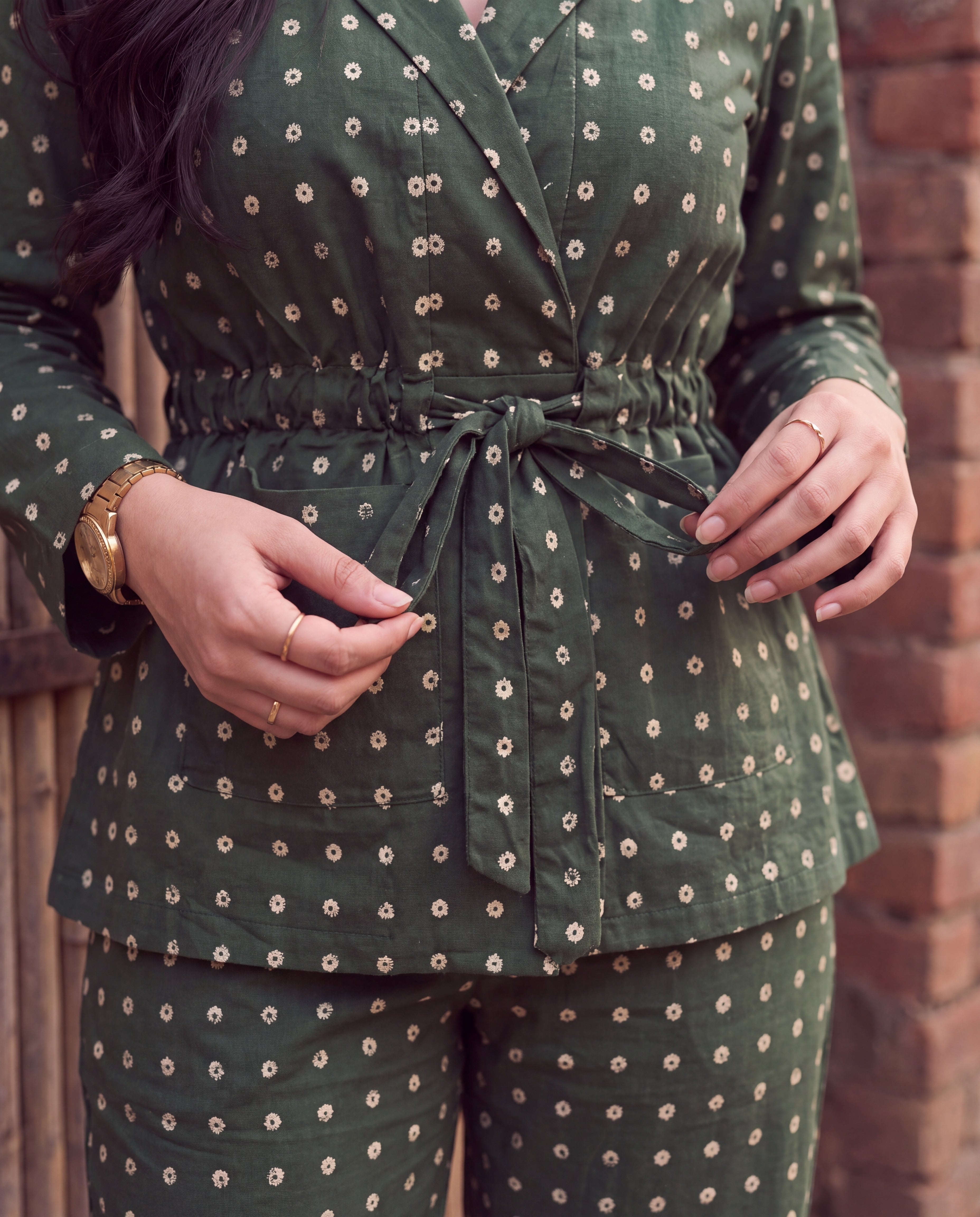 Drawstring waist tie and polka print detail